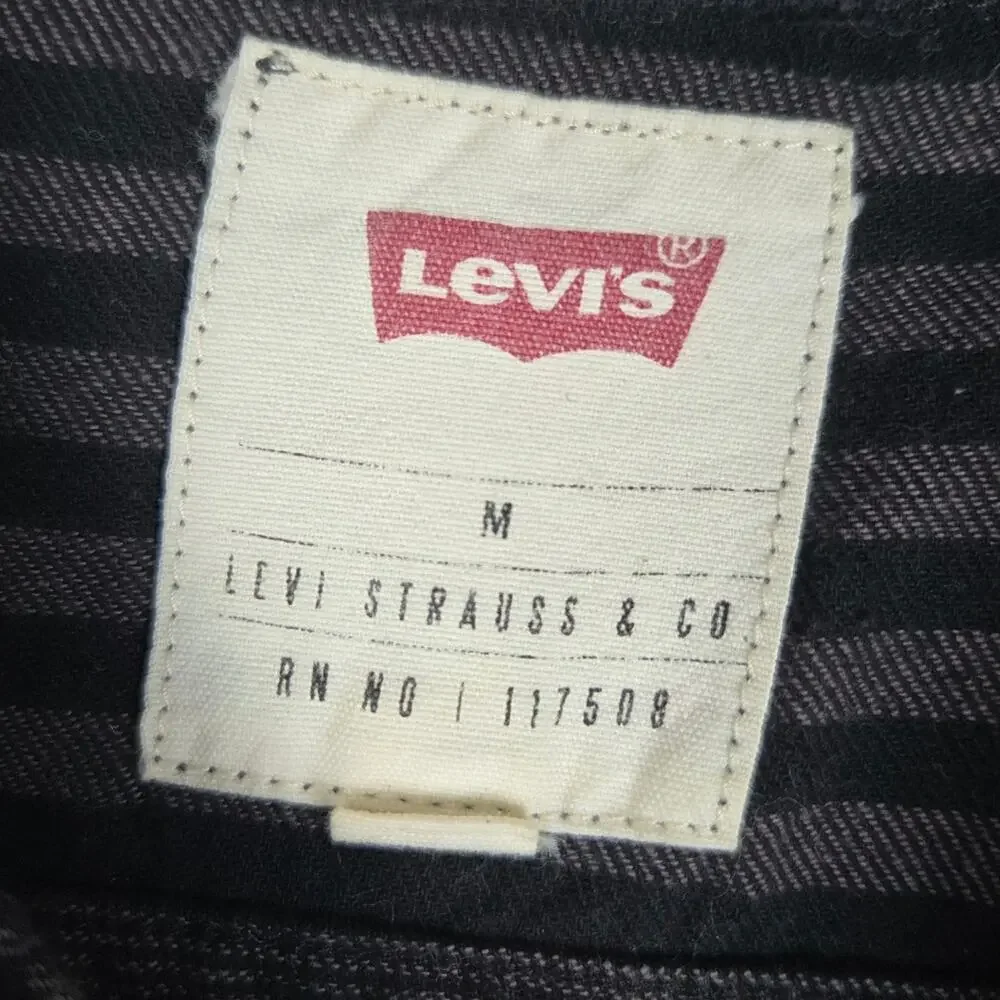 Levi's Mens Medium Black Gray Stripe Long Sleeve Flannel Button Down Shirt - Picture 6 of 13